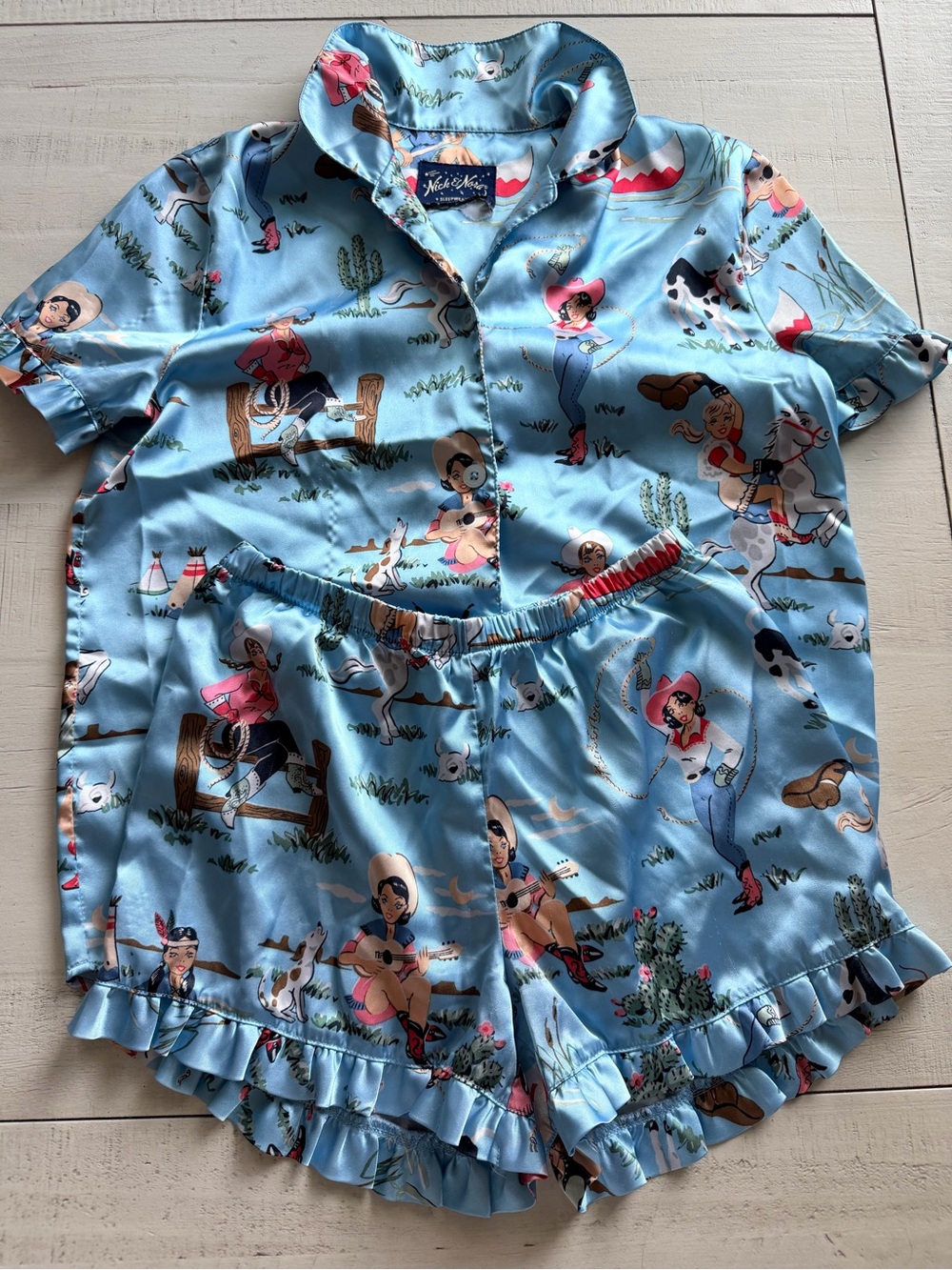 Nick & Nora Light Blue Satin Cowboy Print Kids Pajama Set